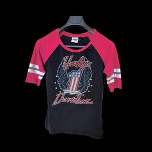 Harley-Davidson Womens Y2K Rhinestone Raglan Black Evil Knievel Sz M